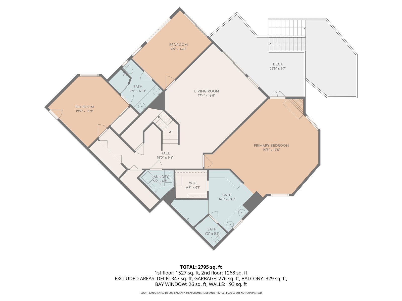 Bedroom-level floor plan showing primary suite, two additional bedrooms, family living room, laundry, bathrooms, and deck