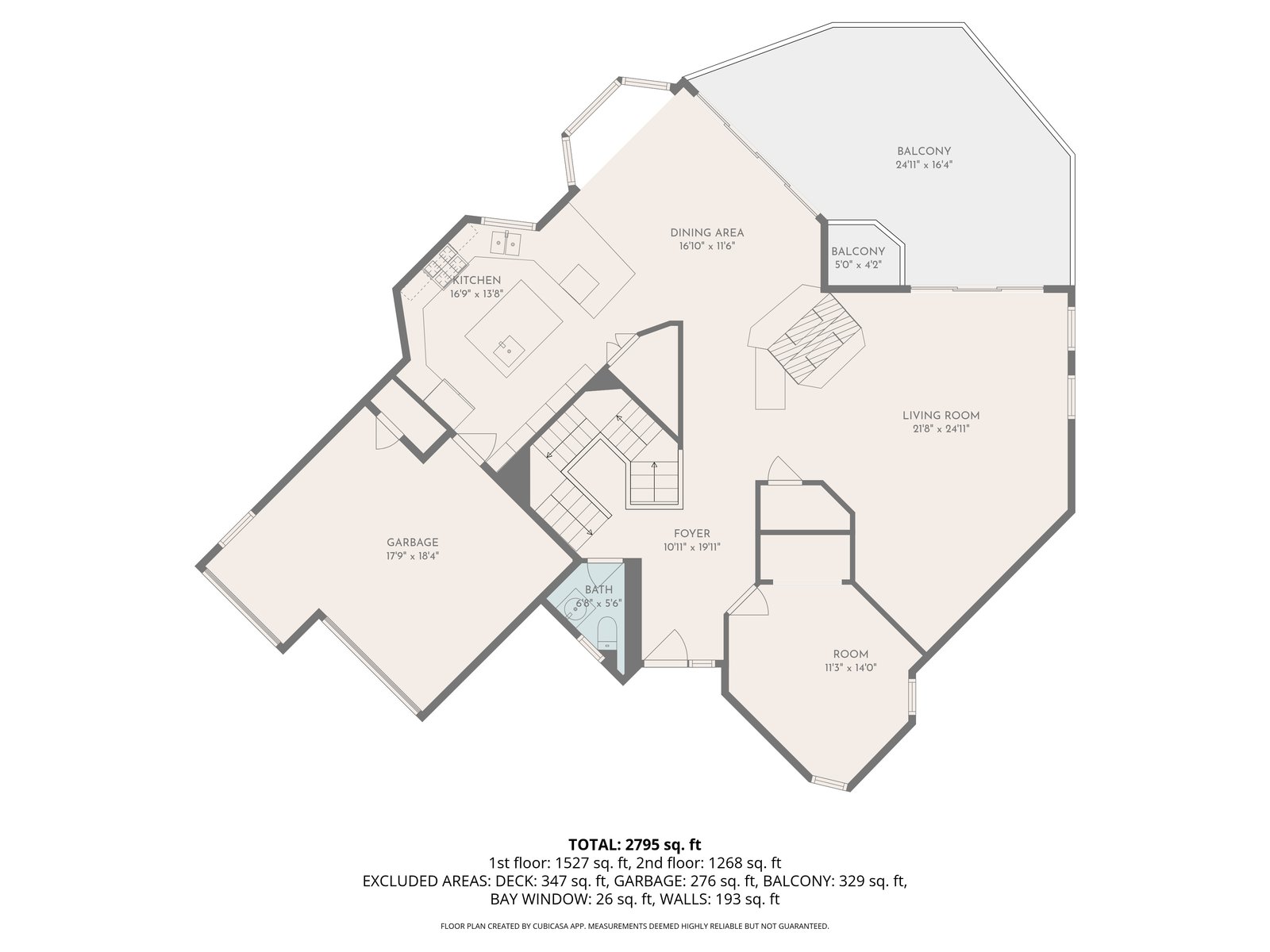 Main-level floor plan showing living room, dining area, kitchen, flexible room, half bathroom, garage, and balconies